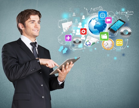 Image of businessman holding ipad. Collage drawings